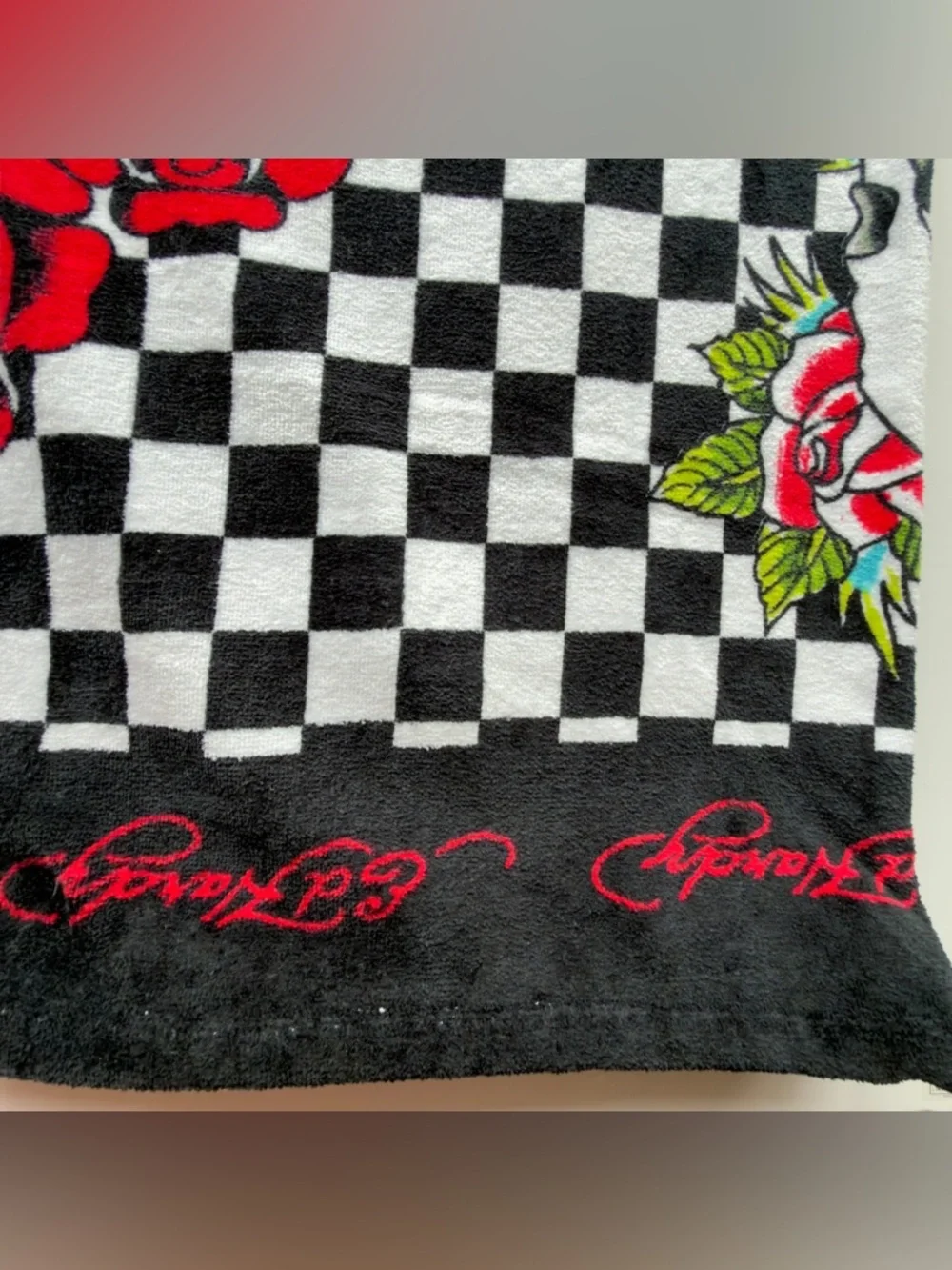 Ed Hardy Black, White & Pink Checkerboard Skull Beach Towel